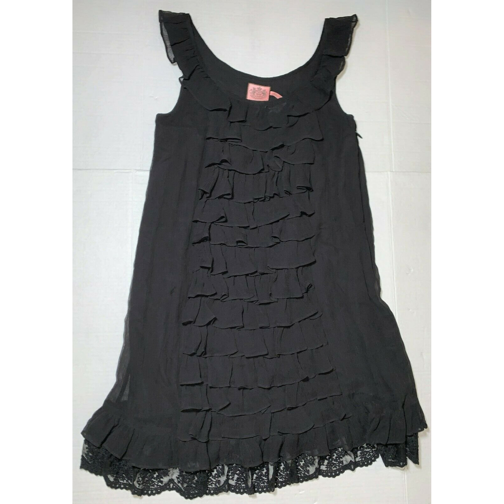 Juicy Couture Black Silk Cascading Crepe Tiered Ruffle Floral Lace Dress Women 2